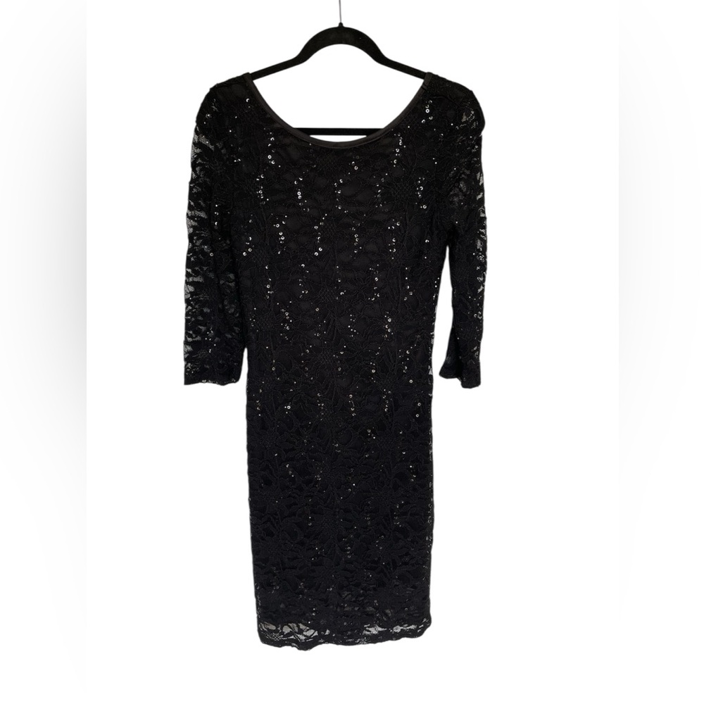 Onyx Nite‎ Black Sequin 3/4 Sleeve Cocktail Sequin Dress Size 8 Made In USA Midi